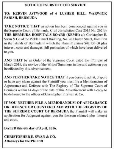 Notice Of Substituted Service - The Royal Gazette | Bermuda News ...
