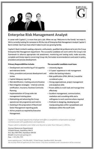 ENTERPRISE RISK ANALYST - The Royal Gazette | Bermuda News, Business ...
