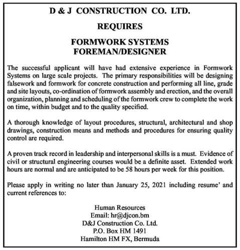 FORMWORK SYSTEMS FOREMAN/DESIGNER - The Royal Gazette | Bermuda News ...