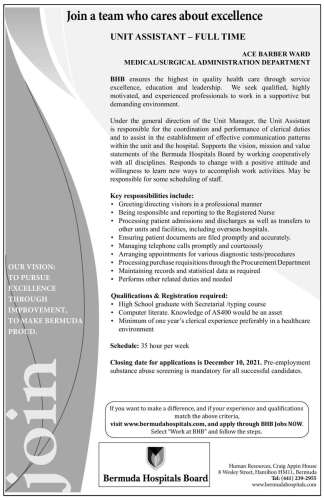 UNIT ASSISTANT â€“ FULL TIME - The Royal Gazette | Bermuda News ...
