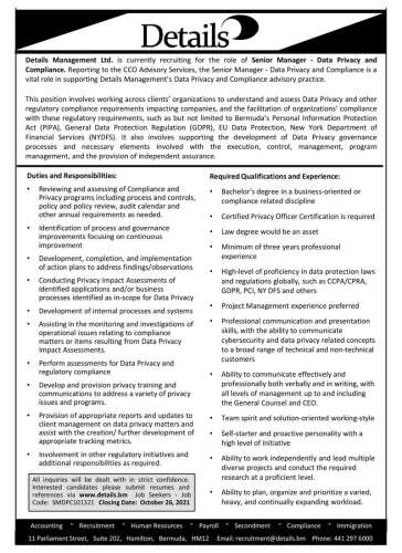 Senior Manager - Data Privacy and Compliance - The Royal Gazette ...